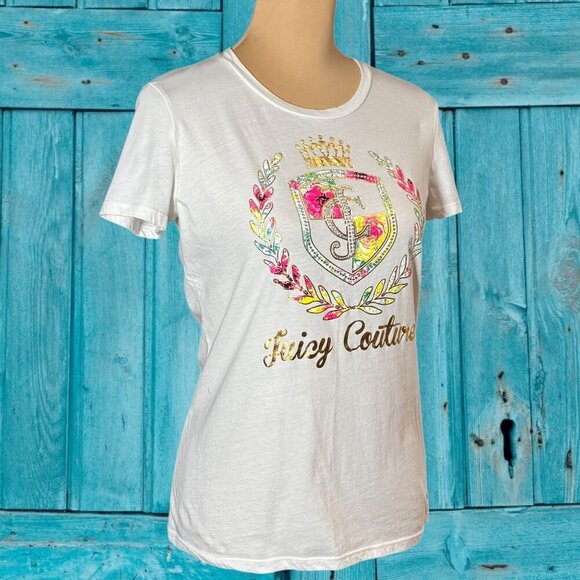Juicy Couture VTG Y2K Graphic Tee Sz. L White Rhinestones Short Sleeve Preppy - Picture 3 of 12